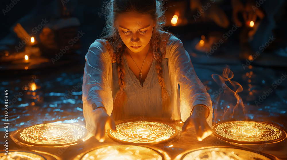 A sorceress performs an ancient ritual surrounded by glowing runes that ...