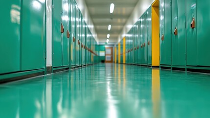 A long, empty hallway with green lockers on either side in a school environment emphasizes the sense of quiet anticipation and uniformity in educational settings.