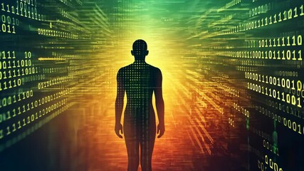 A silhouette of a person stands within a field of binary code, representing the digital world