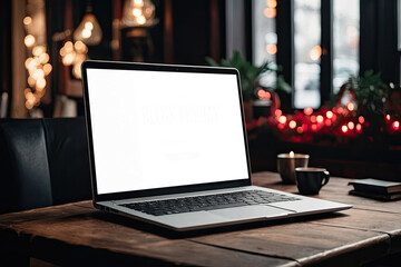 Laptop with a white screen mock up on table in the office of Christmas decor with bokeh lights, candles, overtime work on holidays, home office, Black Friday,. 