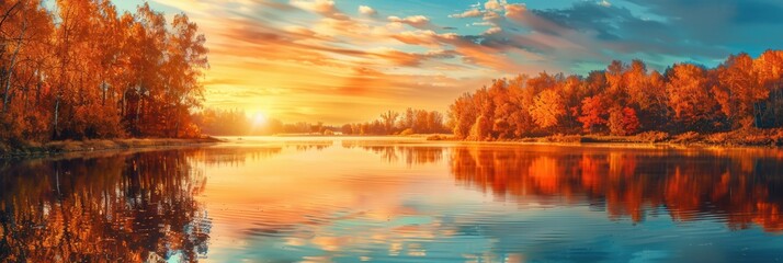 Aufkleber - The warm hues of an autumn sunset illuminate the sky and create a breathtaking reflection on the calm waters of the lake. Generative AI