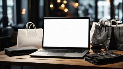 Laptop with a white screen mock up on table in the office at the mall of Christmas decor with bags, shopping bags, packages, Black Friday,. 