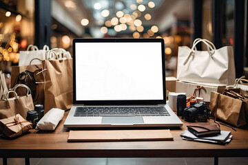 Laptop with a white screen mock up on table in the office at the mall of Christmas decor with bags, shopping bags, packages, Black Friday,. 