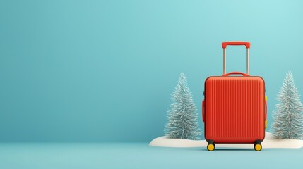 red suitcase on snowy ground with blue background and frosted trees.