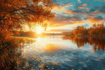 Sticker - The sun sets over a peaceful lake, painting the sky with brilliant autumn hues and reflecting them in the water's surface. Generative AI