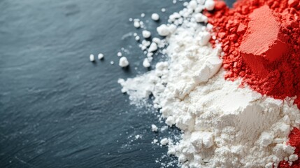 Poster - Red and white powder piles are arranged artfully on a dark surface, emphasizing contrast and texture in a minimalist yet striking composition of shades.
