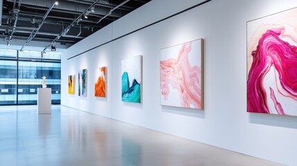 Poster - The image showcases a modern art gallery featuring a collection of vibrant abstract paintings on a pristine white wall, under soft lighting.