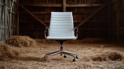 This striking image centers a modern white office chair in the rustic atmosphere of a hay-filled barn, highlighting contrasts of style and environment.