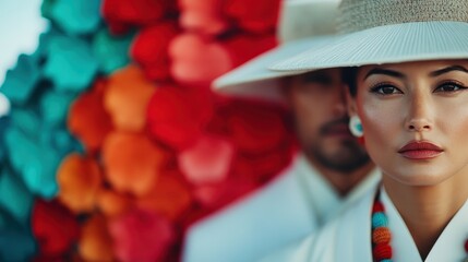 The photograph captures two individuals stylishly and elegantly posing in front of an artistically arranged, colorful abstract background, exuding confidence and poise.