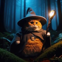 A whimsical, orange cat dressed as a wizard in a mystical forest, radiating magic and charm. Perfect for fantasy themes, pet-related content, or playful imagery.