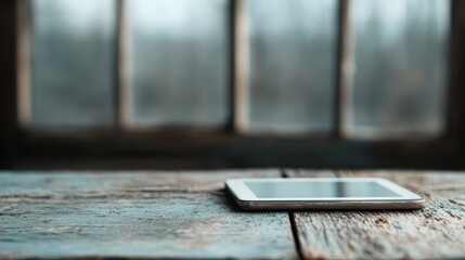 A tablet lies on an aged, rustic wooden table near a large window, providing a picturesque view, blending modern technology with a vintage setting ambiance.