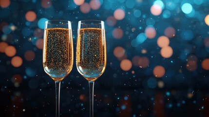 Two champagne glasses with sparkling bubbles on a festive background.