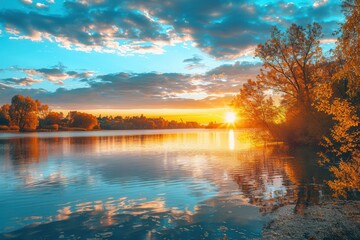 Wall Mural - The sun sets on a tranquil lake, casting vibrant orange and blue hues across the water, while trees outline the horizon in autumn colors. Generative AI