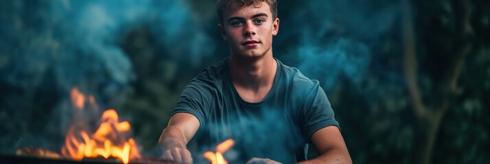 A young man prepares a barbecue in his backyard, grilling juicy burgers under clear blue skies. He smiles as he enjoys the sunny day with friends nearby