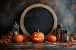 © Jirut - A cozy Halloween-themed setup featuring a large, round chalkboard framed in light wood as the central focus