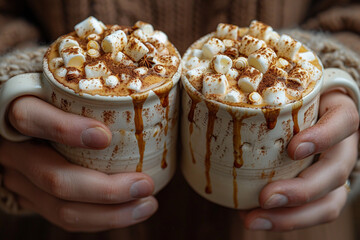 Two cups of hot cappuccino with marshmallow in a person's hands. A delicious winter drink in hands.