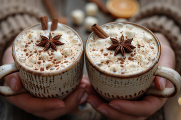 Two cups of hot cappuccino with marshmallow in a person's hands. A delicious winter drink in hands.