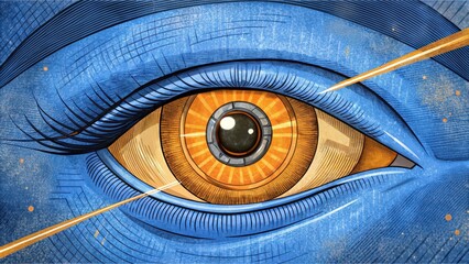 A Detailed Illustration of a Stylized Human Eye with a Gear-Like Iris