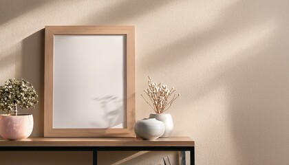 Mockup poster frame close up on wall painted pastel beige color, 3d render