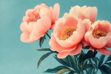 Poster - Branch of peony flowers blooming on blue background