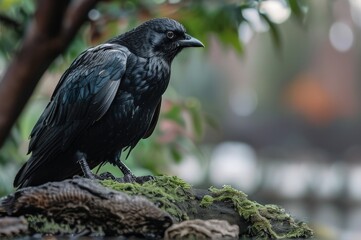 close-up of a black crow perched on mossy rocks in a natural setting