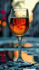 Glass of wine on wet street with city lights and reflections during sunset