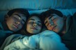 © Michael - Young woman sleeping in bed with two men