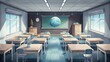 © arri - An empty classroom with desks and a globe on the blackboard