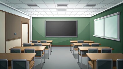 Sticker - Empty Classroom with Desks and a Blackboard