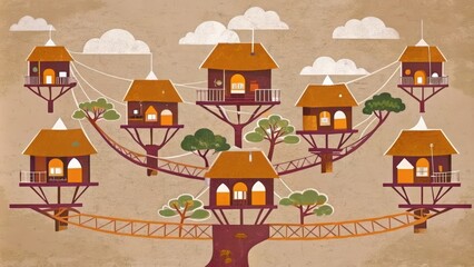 Connected Treehouses with Bridges and Clouds