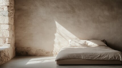 Poster - A serene and minimalistic bedroom scene features a simple bed against a textured wall with soft sunlight streaming through a stone-framed window.