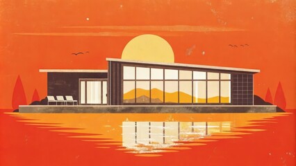 Canvas Print - A Modern House by the Water with a Sunset in the Background