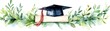 © weerayut - A beautiful watercolor illustration of a graduation cap surrounded by elegant greenery, perfect for educational celebrations.
