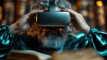 A bearded individual in a textured outfit adjusts his VR headset in a dimly lit room adorned with books, a scene that blends old and new elements thoughtfully.