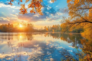 Canvas Print - Golden hues of autumn sunset illuminate the tranquil lake, creating mesmerizing reflections among the vibrant foliage. Generative AI