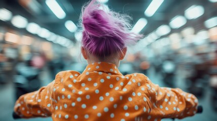 Poster - A person with bright purple hair rides a vehicle through a bustling city, the background rendered as a vibrant blur of lights and movement in a modern urban setting.