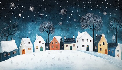 A cozy winter village scene, with charming houses and snowflakes gently falling under a starry night sky.