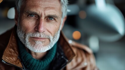 A close-up of a mature man with a gray beard, clad in a leather jacket, looking into the camera with a warm smile that conveys wisdom and life experience.