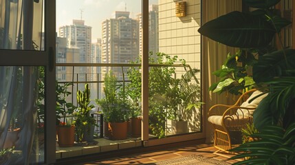 Wall Mural - a balcony with plants in pots on the windowsill