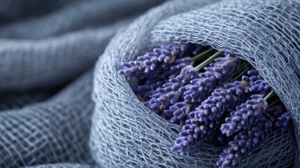 In a serene composition, vibrant lavender is artfully enveloped in lush, textured blue textile, creating a tranquil, artistic image with soothing colors.