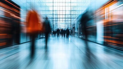 A blurred image capturing the motion of people walking in a modern, glass-filled city building, highlighting the pace and dynamism of urban life.