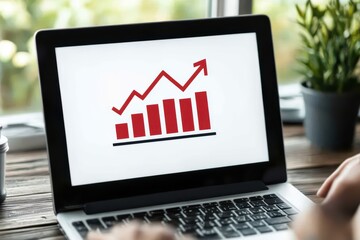 A hand on a laptop displaying a growth chart with red bars and an upward arrow against a natural background.