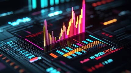 Poster - Abstract digital data visualization with colorful graphs and charts on a dark background.