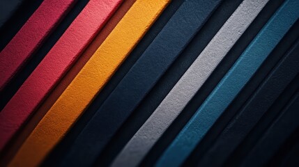 Poster - This image features an array of colorful diagonal textured lines, showcasing vibrant shades of pink, red, orange, blue, and gray against a contrasting dark background.
