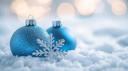 Poster - Blue Christmas ornaments with a silver snowflake on fresh snow. Ideal for Merry Christmas and Happy New Year backgrounds.