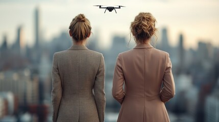 Two businesswomen in stylish coats stand on a rooftop terrace, gazing at a quadcopter drone flying above an urban skyline at dusk, symbolizing innovation.