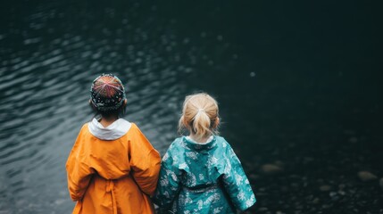 Two children, wearing colorful traditional outfits, stand side by side gazing at a serene body of water, reflecting cultural heritage and innocence in a natural setting.