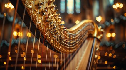 A beautifully crafted golden harp in an ornate hall showcasing intricate details and elegant surroundings with softly glowing ambient lighting and a blurred background emphasizing the instrument's