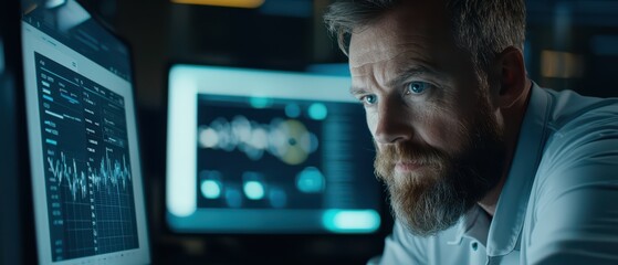 Poster - Focused professional analyzing digital data on computer screens in a modern office setting.