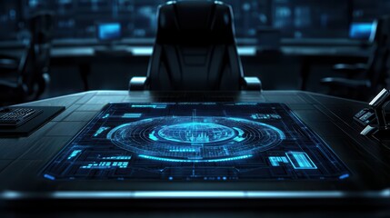 Poster - Futuristic control panel with holographic projection in a high-tech environment.